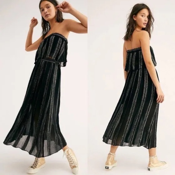 Free People Dresses & Skirts - FREE PEOPLE “Carmen Lurex” Metallic Stripe Set in “Black/Gold” Print